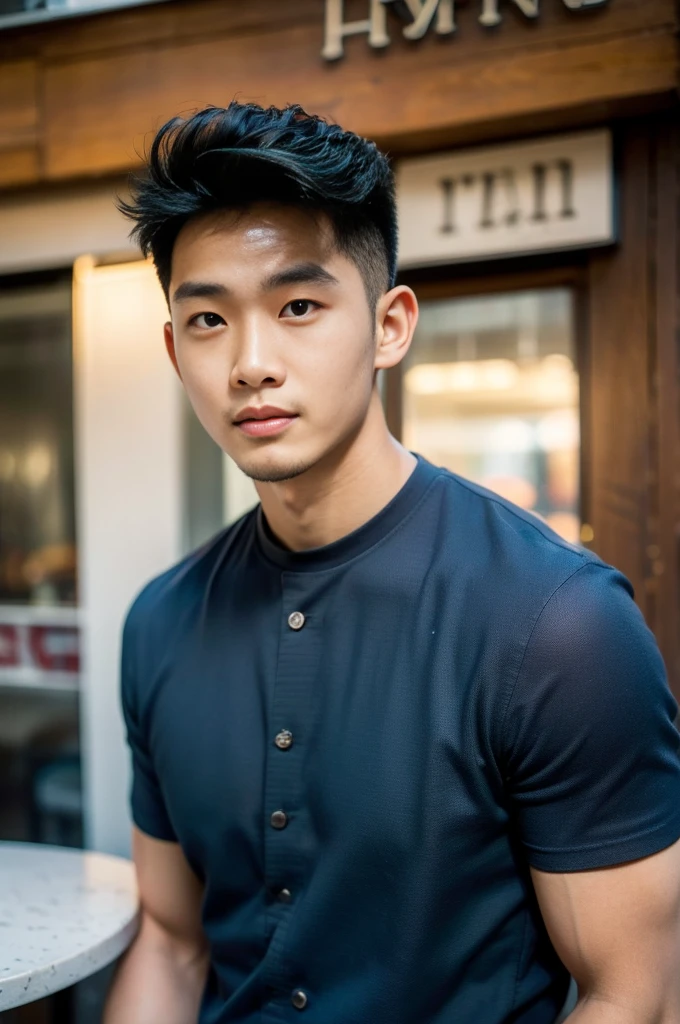 ((realistic daylight)) , Young Korean man in a black t-shirt with no pattern, a denim shirt, and jeans., A handsome, muscular young Asian man looks at the camera. , in a Thai restaurant ,turn sideways