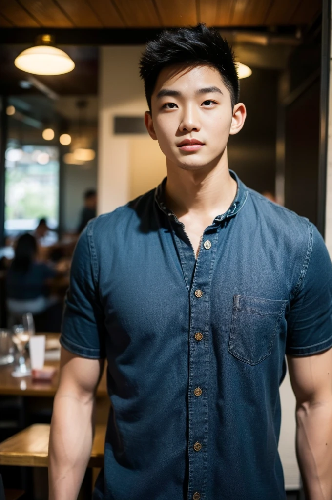 ((realistic daylight)) , Young Korean man in a black t-shirt with no pattern, a denim shirt, and jeans., A handsome, muscular young Asian man looks at the camera. , in a Thai restaurant ,turn sideways