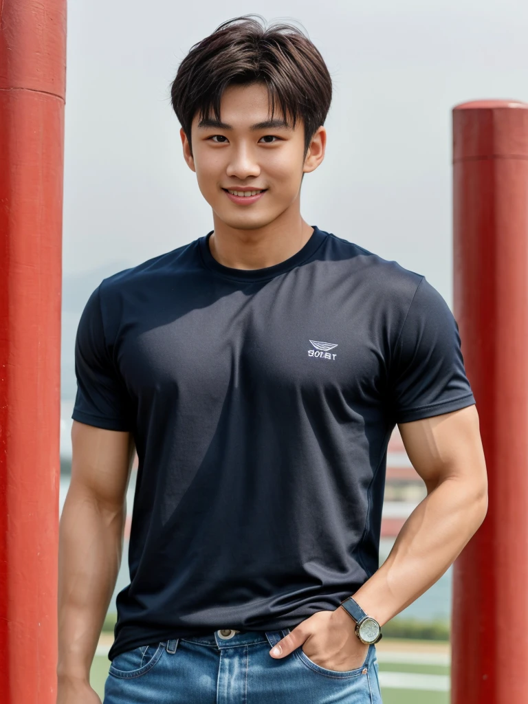 独奏: 1.5, (As a matter of fact, Masterpiece, 8k HD, good light quality, sportswear, fit the face, complicated details), A handsome Korean young man with muscular arms. , 20 years old, be happy, smile brightly, detailed face, delicate eyes, look at the sky, Wear a navy tight T-shirt.:1.6 , jeans period, black eyes, Black hair color, ผมsmooth, smooth，Surreal，Superb details，Highest quality，real，Open your mouth to talk. , Close your eyes., (Standing in a Thai restaurant, a football field:1.1)