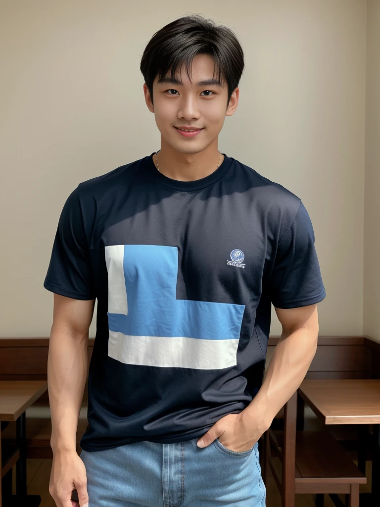 独奏: 1.5, (As a matter of fact, Masterpiece, 8k HD, good light quality, sportswear, fit the face, complicated details), A handsome Korean young man with muscular arms. , 20 years old, be happy, smile brightly, detailed face, delicate eyes, look at the sky, Wear a navy tight T-shirt.:1.6 , jeans period, black eyes, Black hair color, ผมsmooth, smooth，Surreal，Superb details，Highest quality，real，Open your mouth to talk. , Close your eyes., (Standing in a Thai restaurant, a football field:1.1)