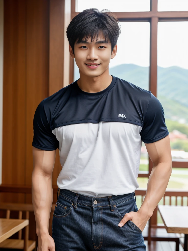 独奏: 1.5, (As a matter of fact, Masterpiece, 8k HD, good light quality, sportswear, fit the face, complicated details), A handsome Korean young man with muscular arms. , 20 years old, be happy, smile brightly, detailed face, delicate eyes, look at the sky, Wear a navy tight T-shirt.:1.6 , jeans period, black eyes, Black hair color, ผมsmooth, smooth，Surreal，Superb details，Highest quality，real，Open your mouth to talk. , Close your eyes., (Standing in a Thai restaurant, a football field:1.1)