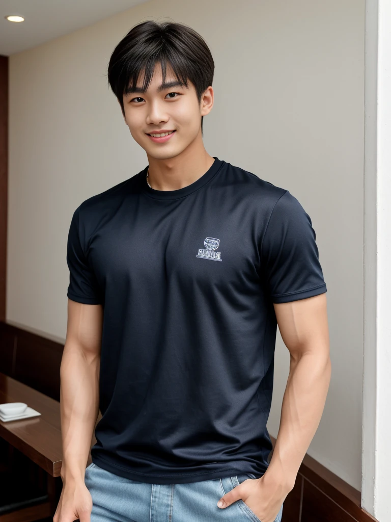 独奏: 1.5, (As a matter of fact, Masterpiece, 8k HD, good light quality, sportswear, fit the face, complicated details), A handsome Korean young man with muscular arms. , 20 years old, be happy, smile brightly, detailed face, delicate eyes, look at the sky, Wear a navy tight T-shirt.:1.6 , jeans period, black eyes, Black hair color, ผมsmooth, smooth，Surreal，Superb details，Highest quality，real，Open your mouth to talk. , Close your eyes., (Standing in a Thai restaurant, a football field:1.1)