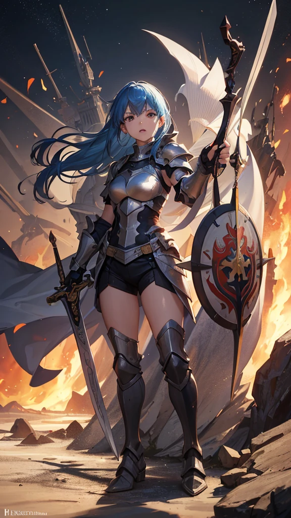 (masterpiece, 4K ,Super detailed:1.2), (anime:1), (Perfect quality), (anger), The whole body is shown, View Viewer, Holding a longsword, Adult women, Knight Commander, Full Body Art, Blue Hair, White skin, Knight&#39;s full plate decorated armor, Silver Cape, Perfect detail