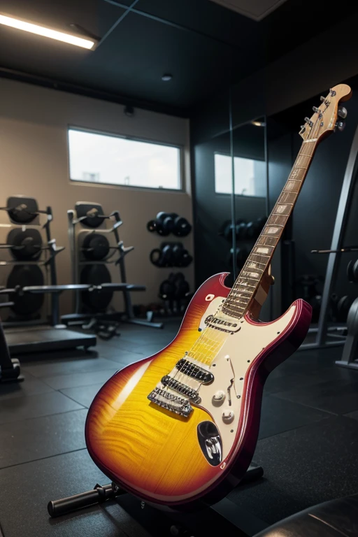An image of an electric guitar next to some gym dumbbells.