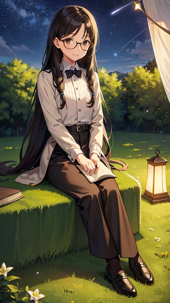 A young man is sitting on the grass and reading a book, Long black curly hair, Wear glasses, A delicate smile, Light brown eyes, Look up at the sky, Lamp light, whole body, Under the big tree, Vision, Tent in the background, Starry Sky, Illuminated night, Photo Effects, 8k, Very detailed, Ultra-realistic.