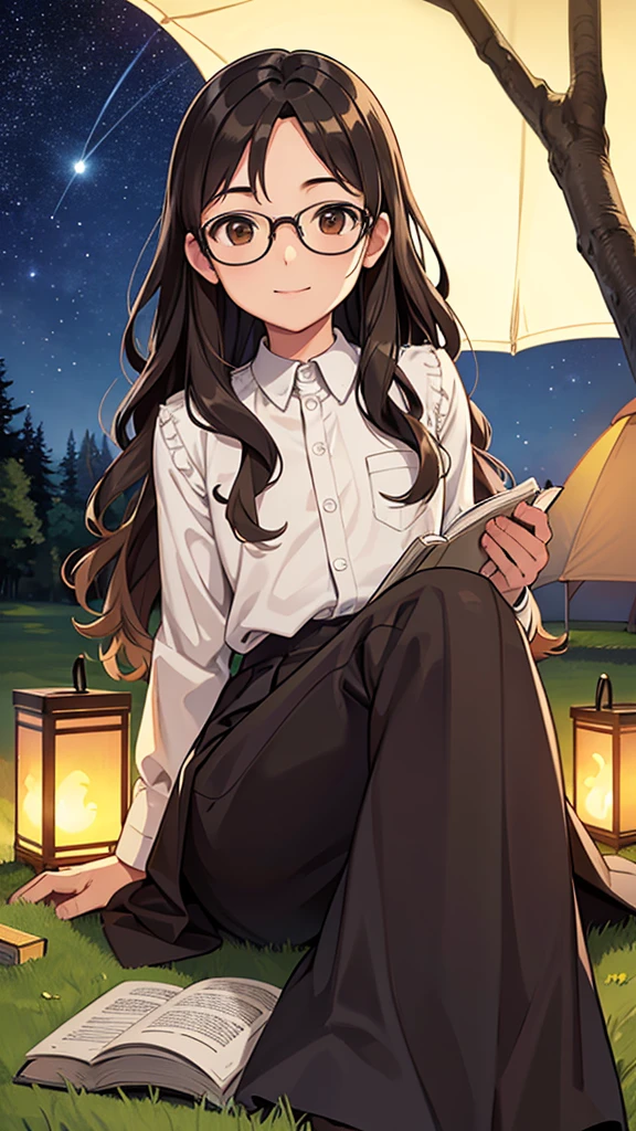 A young man is sitting on the grass and reading a book, Long black curly hair, Wear glasses, A delicate smile, Light brown eyes, Look up at the sky, Lamp light, whole body, Under the big tree, Vision, Tent in the background, Starry Sky, Illuminated night, Photo Effects, 8k, Very detailed, Ultra-realistic.