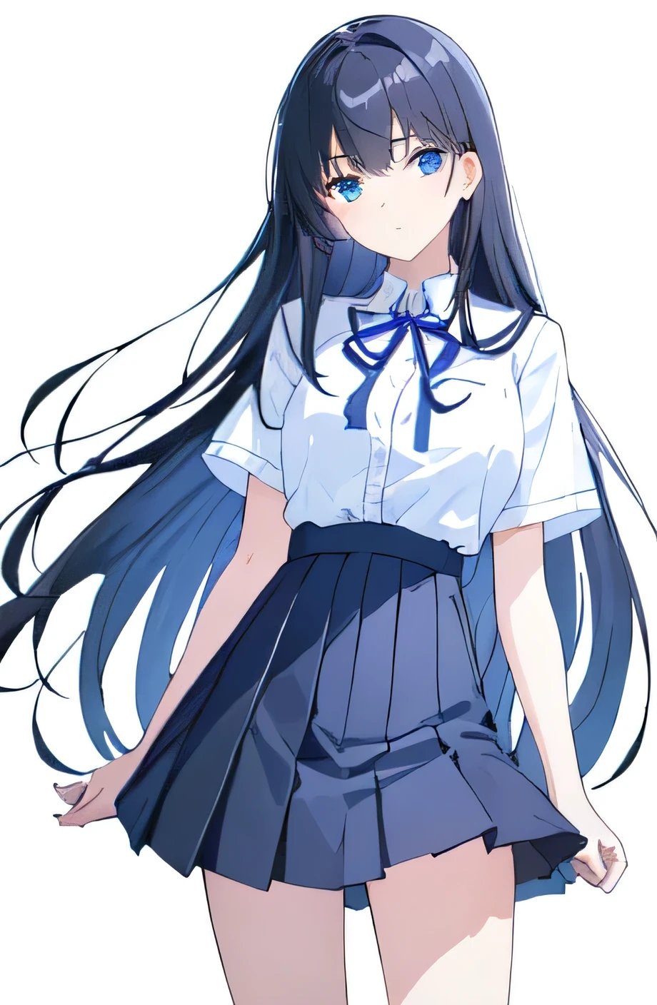 ((Highest quality)), ((masterpiece)), (detailed), ((One Girl))、(High school girls)、((A photo showing your thighs to the top of your head))、(Standing straight, facing the camera)、sad look、Anxious expression、Timid look、Worried brow、Long black hair、Straight Hair、Blue Eyes、uniform、(White short sleeve shirt)、Pleated skirt、Slender figure、White background