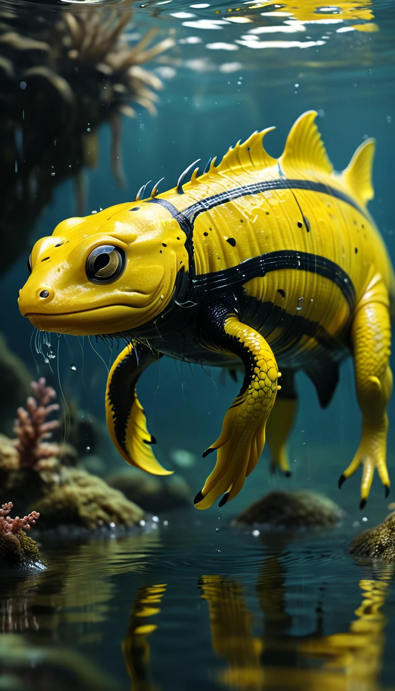 Panorama,A creature in water,Yellow body,Full of black lines(best quality,4K,8k,High level,masterpiece:1.2),Ultra Detailed,(lifelike,Photo real,Photo real:1.37),Highly detailed animals,Complex patterns,Realistic lighting,Fantasy Creatures