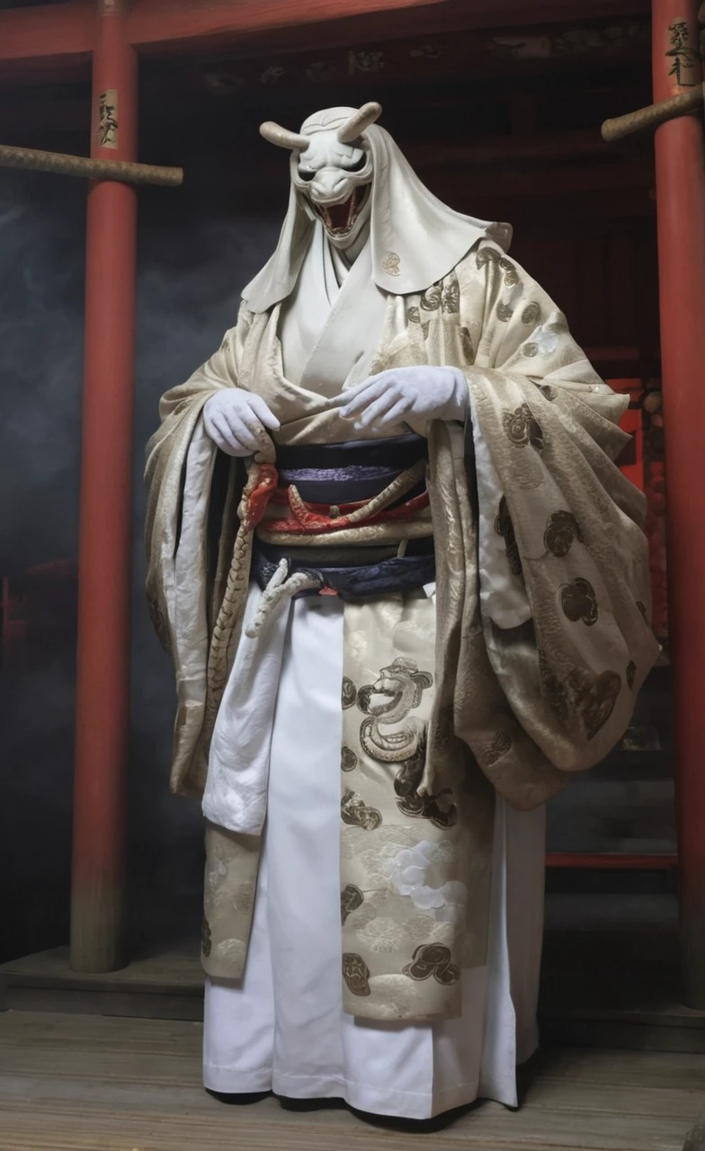 ONI,White Face,kimono,A large white snake was coiled around his body.,Inside the shrine,Dim atmosphere,Realistic photos、