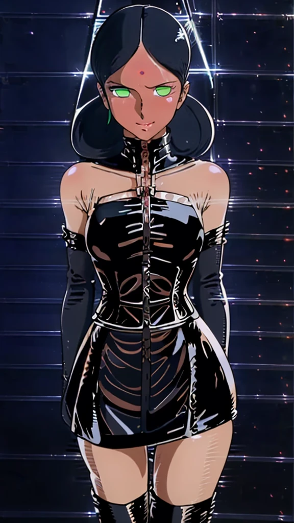 Bondage、Queen、spouse、One Girl、alone、(((Long gloves covered in black latex all the way to the fingertips:1.4 )))、(((black latex corset dress:1.4)))、(((Beautiful lace corset dress.)))、(((corset dress with shoulder straps)))、(((black latex tight miniskirt:1.4)))、(((Black thigh-high boots)))、Stiletto heels、(((Black latex panties)))、(((black latex bra)))、(((Black leather collar)))、(((Sexy pose)))、Wide-open legs、(((erotic)))、(((Cowboy Shot)))、masterpiece、Highest quality、alone、Lala Sun、One Girl
、Hair tied up on both sides、Black Hair、Forehead mark、Green Eyes、Brown Skin、Wicked Smile、blush:1.2