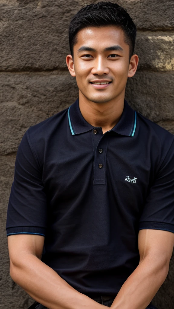 Thai man ,man，He is about 30 years old..，Rough and handsome appearance，large breastsj，Big waistline，buzz cut, angry, sullen, best quality, Masterpiece，（Have muscles：4.5），(best quality,high resolution,Masterpiece:1.2),The eyes are natural and delicate..,1 person,alone,gay asian,muscle,Long legs,brave,short hair details,conjunctivitis ,strong,brown eyes, (outdoor background road :1.5)，in the market，sit (dark blue polo shirt:1.3),Jeans ,smile
