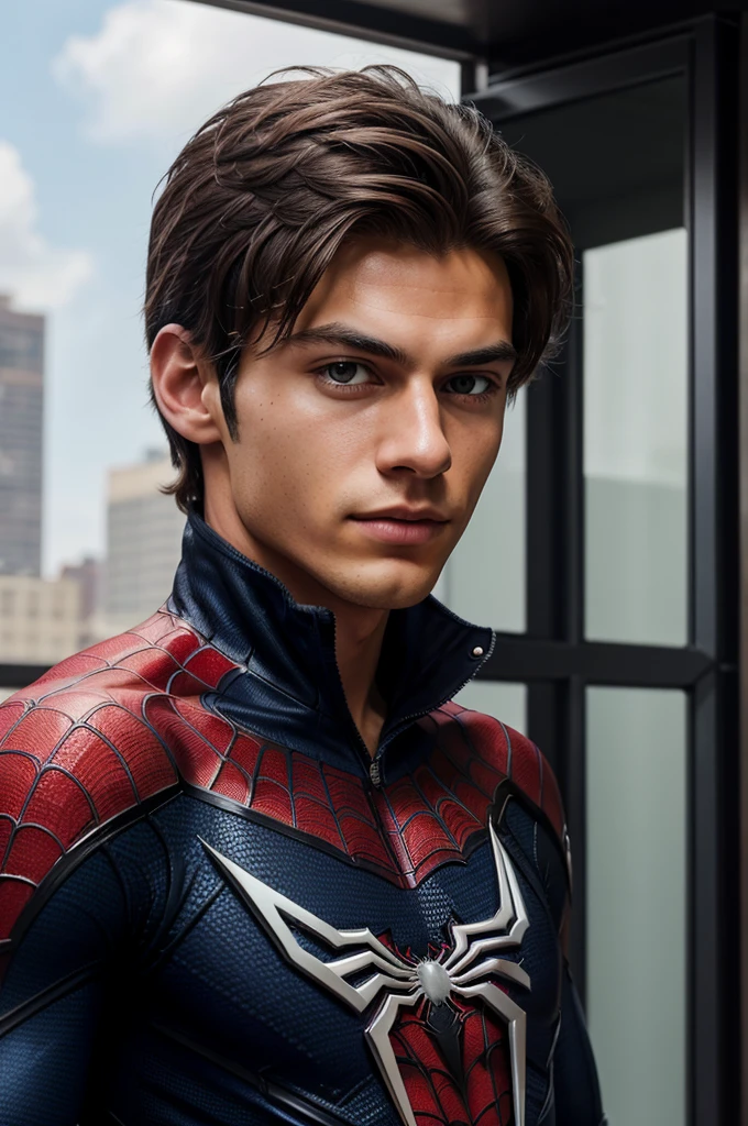 A photograph of spider man, no mask, 20 yo, handsome, detailed face, looking at camera, portrait, 8k uhd, high quality