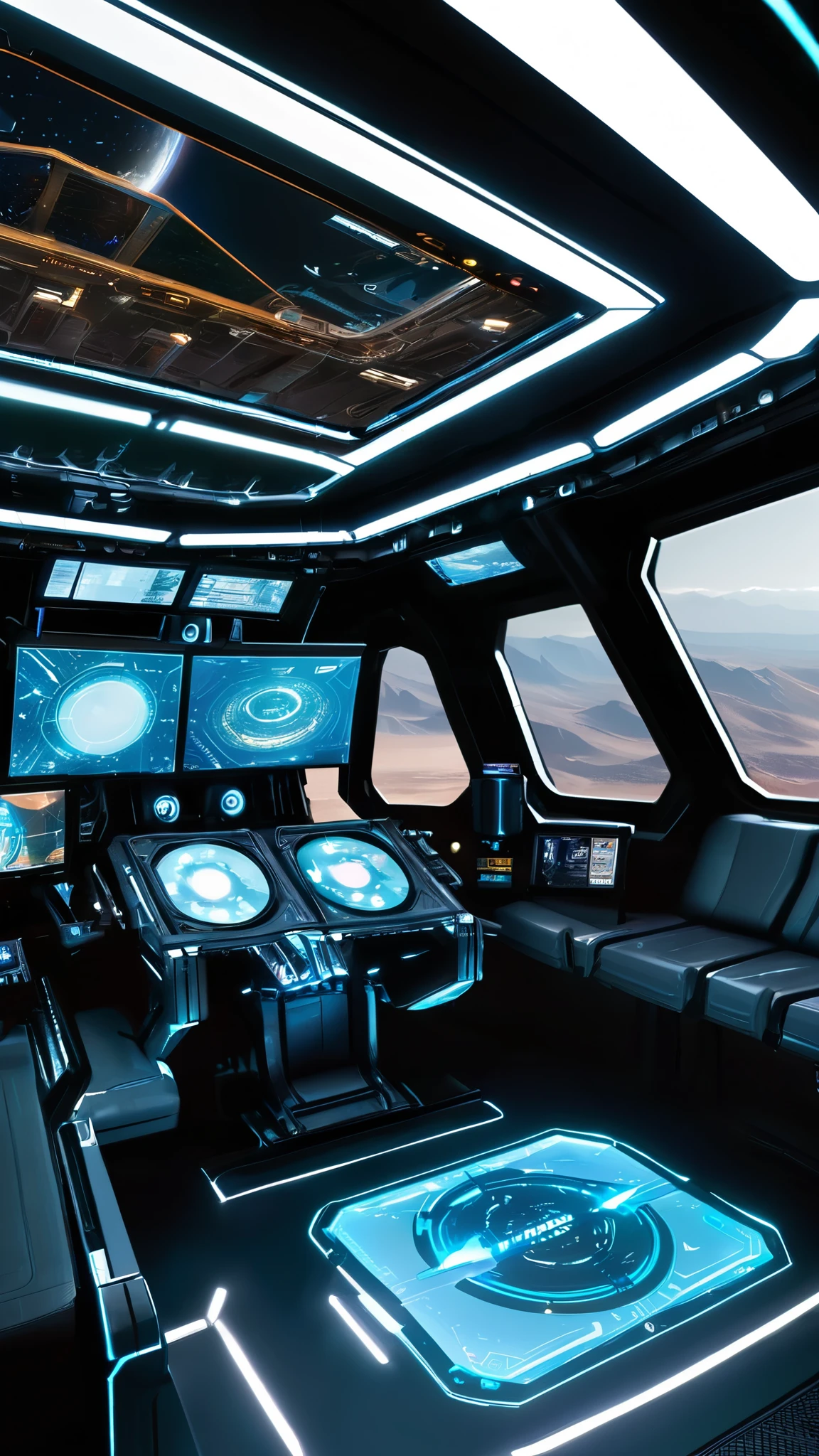 ```
Interior of an ultra-advanced spaceship cockpit, 30,000+ light-years beyond current civilization.
Panoramic 16:9 view of the entire cockpit.
Sleek, futuristic design with a perfect blend of simplicity and mechanical complexity.
Holographic displays and control interfaces floating in air.
Transparent viewscreens showing vast, otherworldly space vistas.
Subtle, pulsing light patterns across surfaces indicating AI integration.
Multiple stations with ergonomic, high-tech seating.
3-5 beautiful female AI cyborgs present in the cockpit:
- Diverse appearances, all attractive with subtle cybernetic features
- Some seated, others standing or moving between stations
- At least two cyborgs actively manipulating holographic controls
- One cyborg observing space through the main viewscreen
Cyborgs wearing form-fitting, advanced space uniforms.
Soft, ambient lighting with occasional flashes from console operations.
Hints of exotic materials and unknown technologies in cockpit construction.
Background space view showing unfamiliar star patterns and phenomena.
Atmosphere of quiet efficiency and hyper-advanced technological harmony.
Composition balancing focus on cyborg crew and impressive cockpit design.
Dynamic feel with various activities happening simultaneously.
Scale suggesting a large, capital ship rather than a small vessel.
Overall aesthetic: awe-inspiring, transcendent level of technological advancement.
```