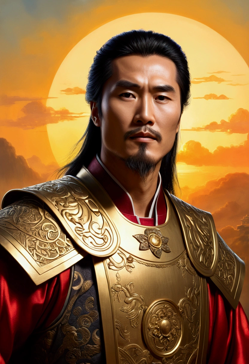 (best qualityer,4K,8k,Cao Cao,master part:1.2),ultra detali,(realisitic,Fotorrealisitic,fotorrealisitic:1.37),正面 & close photo, Face and body with expressive lighting, JesusChrist,Traditional art style,lively and dynamic brushstrokes, Temple Scenery ,Charismatic expression,Humble Posture,historical portrait,Noble features,ink and wash painting style,finely detailed facial features,dynamic composition,paradisiacal scenery,confident looking,,environment with golden sunlight illuminating the scene,aura angelical,atmospheric perspective,Explosive lighting,Jesus with open arms at sunset