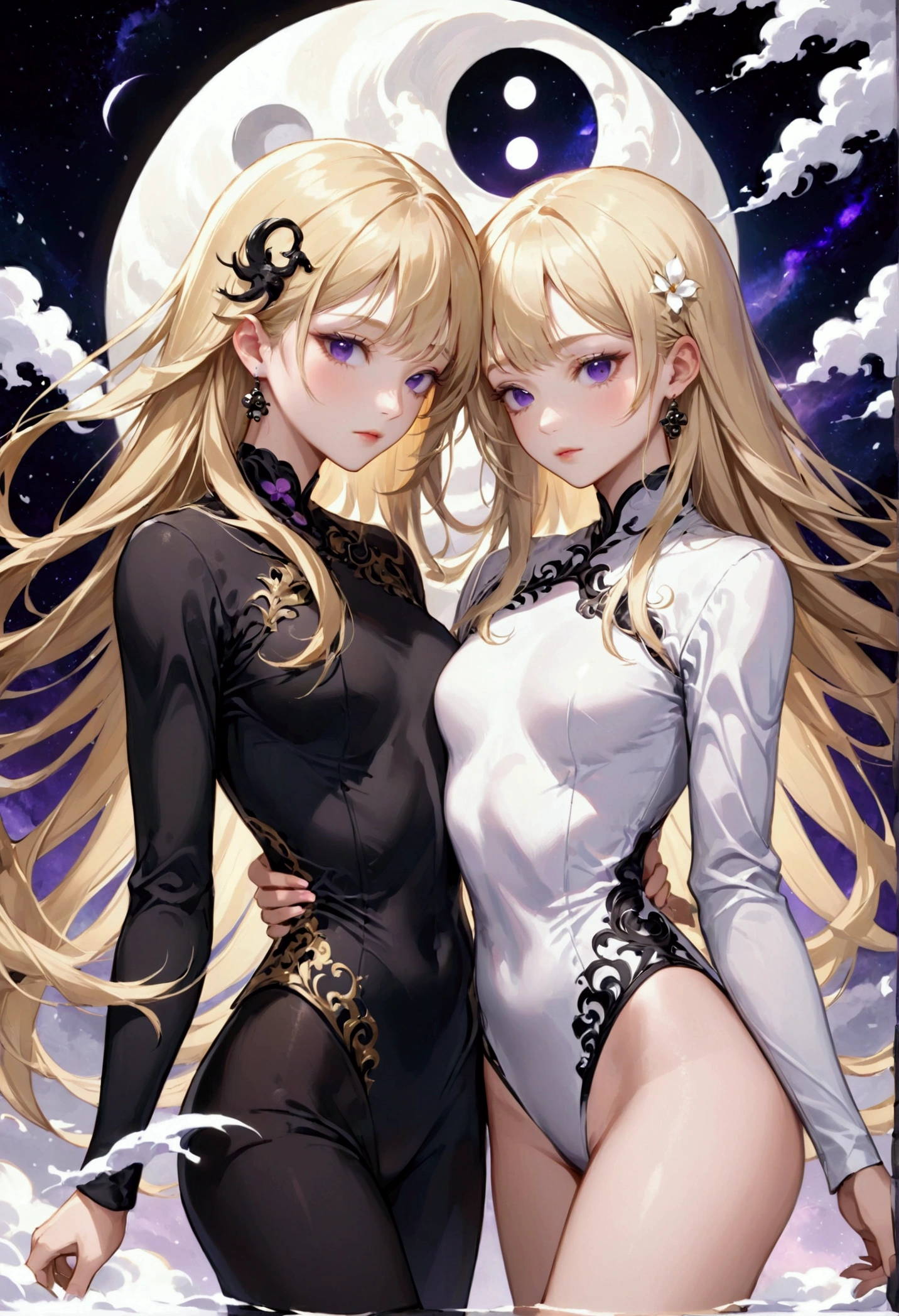 Long blonde hair,purple eyes,medium sized aesthetic body,elegant,ying yang, 8k