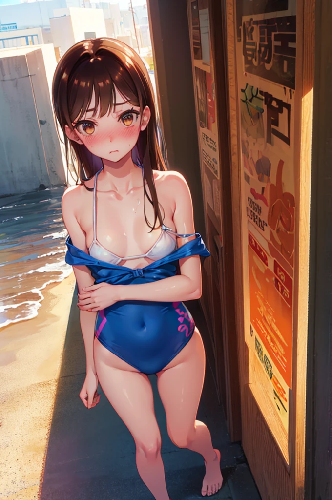 Random patterned swimsuit,Random Bikini,Blushing、Pale brown eyes、Brown Hair、Semi-long hair、Head to toe full body、Blushing、Sexy Bikini、Embarrassed look、Composition from the front、A view from slightly below、school swimwear、Acme Face、Random pose、, 、nsfw、Highest quality、1 girl、solo、Ocean、Sandy Beach、Sexy pose、Random pose、Blushing、Wet、Embarrassed、I can see half of my 、、One piece swimsuit、(Strap slip:1.3)、Random Bikini