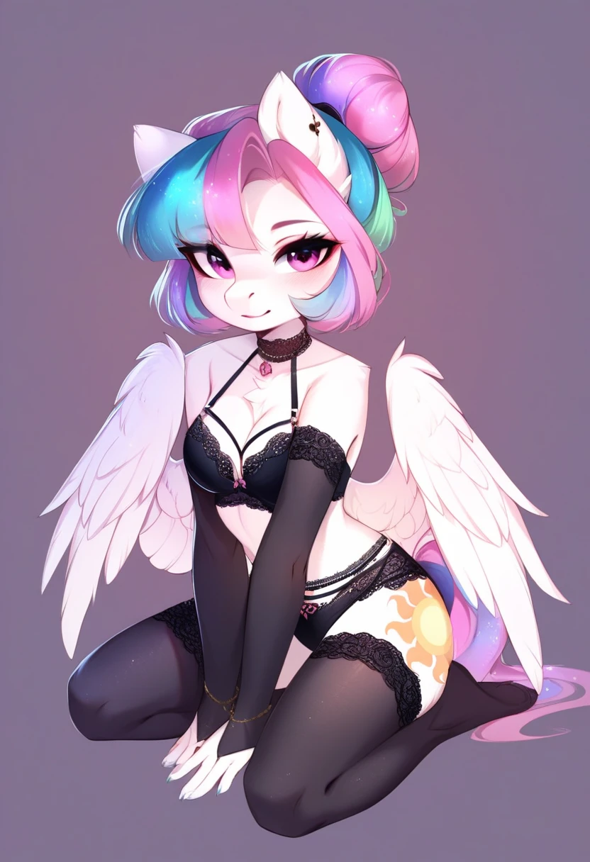 check_9, check_8_up, check_7_up, source_fluffy, rating_safe, from Magnaluna, Celestia poses seductively in a white bedroom, hair bun with bangs, pink eyes, white body, anthro, blushing, wearing goldern lingerie, full body