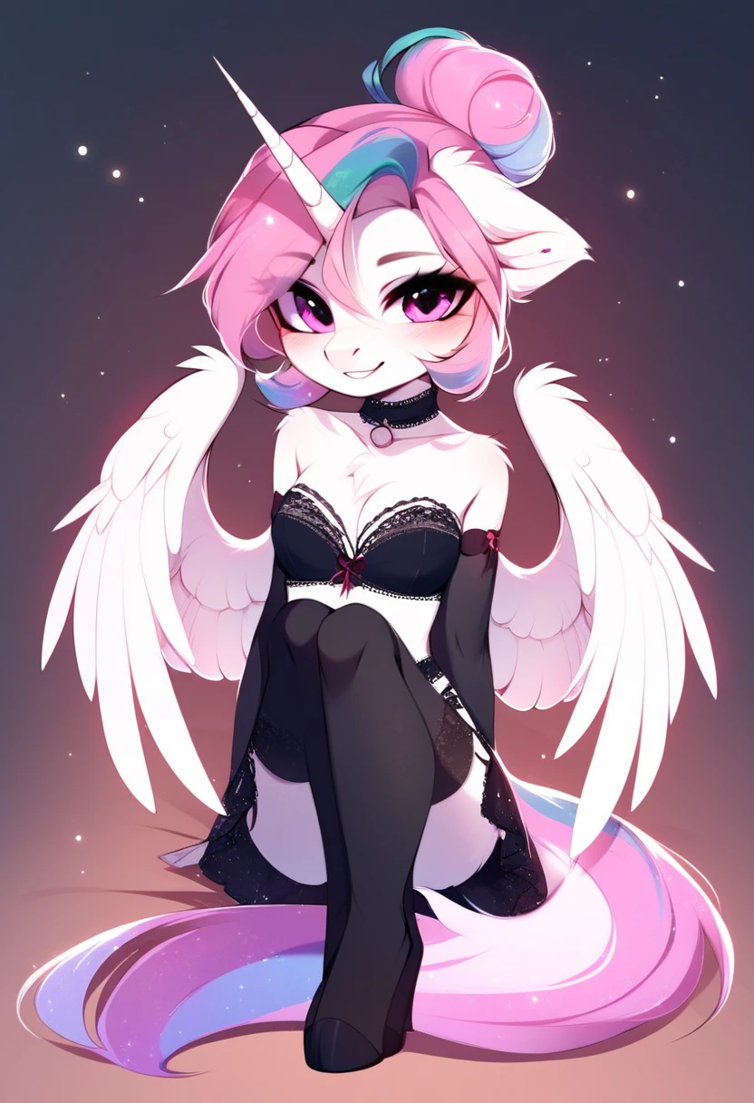check_9, check_8_up, check_7_up, source_fluffy, rating_safe, from Magnaluna, Celestia poses seductively in a white bedroom, dark pink mane with gold stripes in it, hair bun with long bangs, pink eyes, white body, thick thighs, anthro, blushing, wearing peach colored see through dress, full body