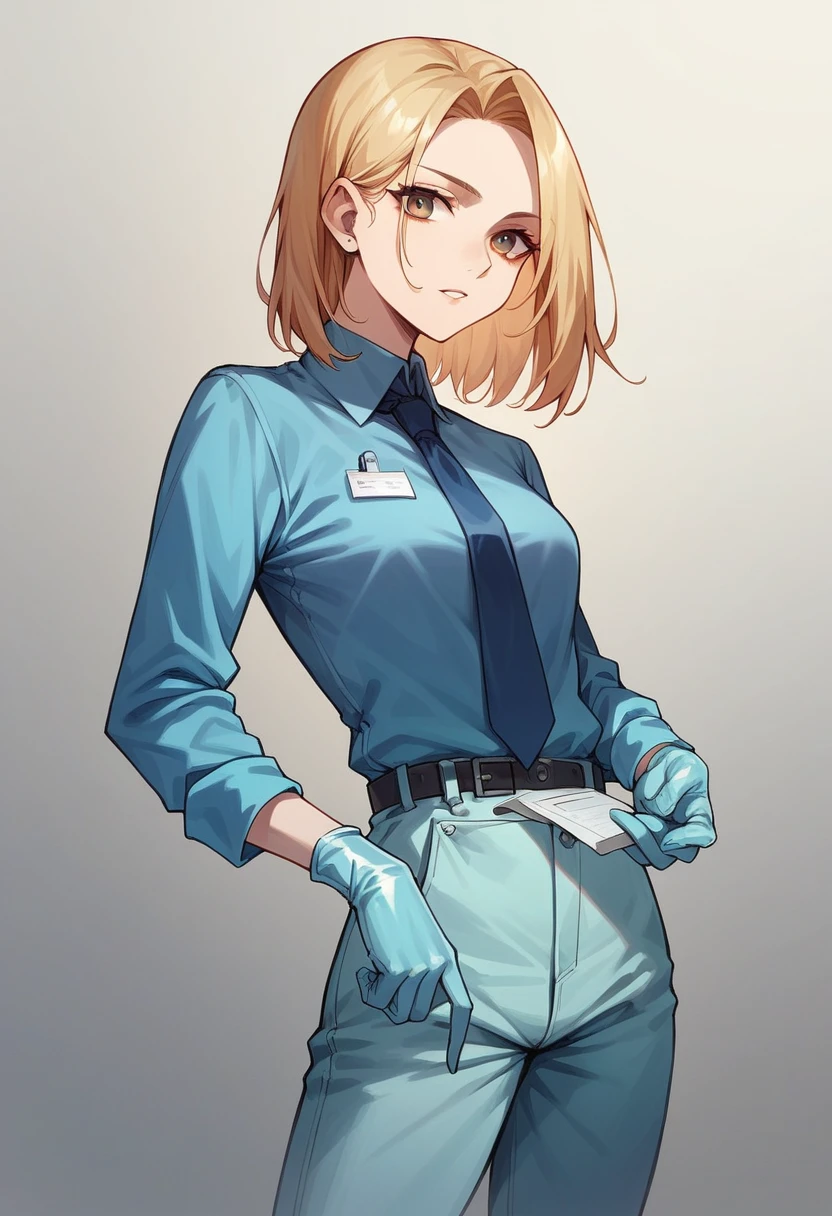 1girl, ((blue medical gloves)), ((surgical gloves)), ((latex gloves)), (((long sleeves))), ((shirt)), ((pants)), tie, looking at viewer, standing, solo
