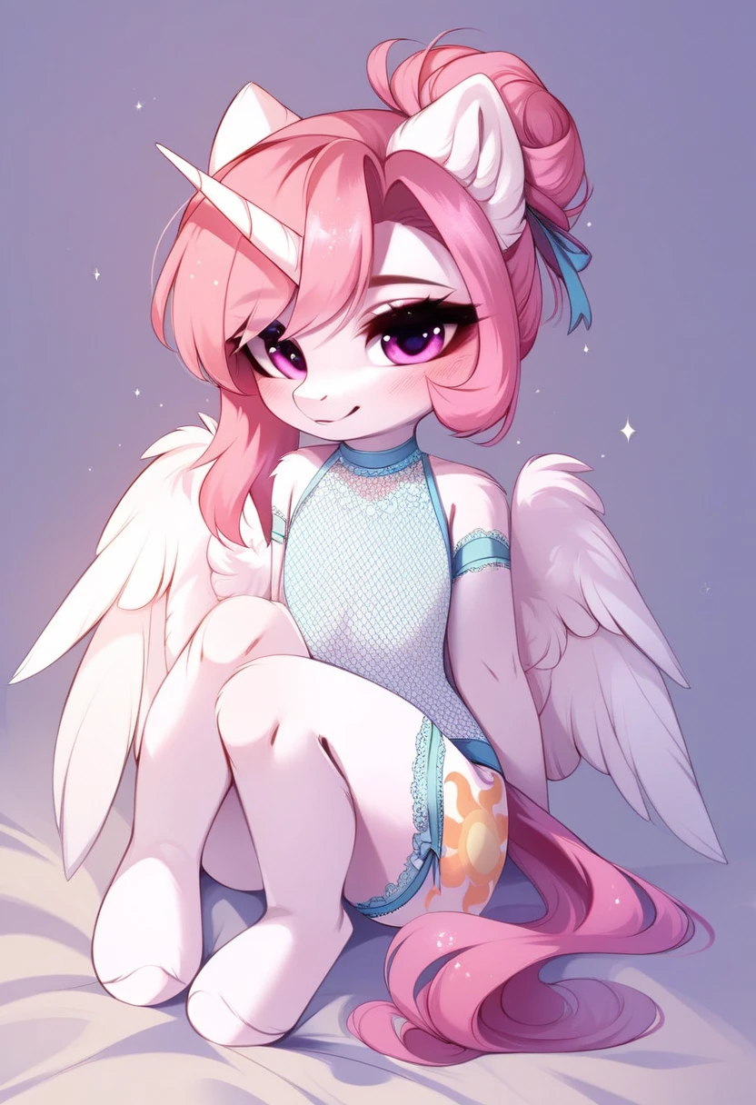 check_9, check_8_up, check_7_up, source_fluffy, rating_safe, from Magnaluna, Celestia poses seductively in a white bedroom, hair bun with bangs, pink eyes, white body, anthro, blushing, wearing goldern lingerie, full body