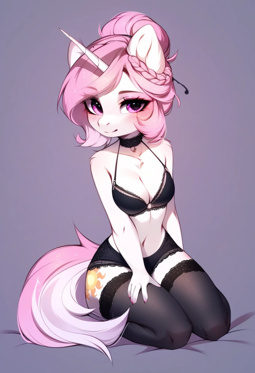 check_9, check_8_up, check_7_up, source_fluffy, rating_safe, from Magnaluna, Celestia poses seductively in a white bedroom, hair bun with bangs, pink eyes, white body, anthro, blushing, wearing goldern lingerie, full body