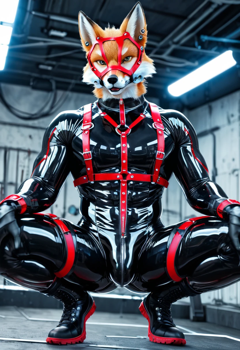 Highest quality, Highest quality, High quality illustrations, masterpiece, Ultra-high resolution, Detailed Background, room, Absurd, Perfect Anatomy, performance, Good lighting, Shadows in the movies(kemono, Furry Personifi猫ion), fox, Muscle Body, Rubber Suit, latex, neon, neonライト, neonカラー, Bodysuits, Cyber Suit, cyber punk, Rubber mask, Red harness, Earrings, big bulge, Squat, Dynamic Angle