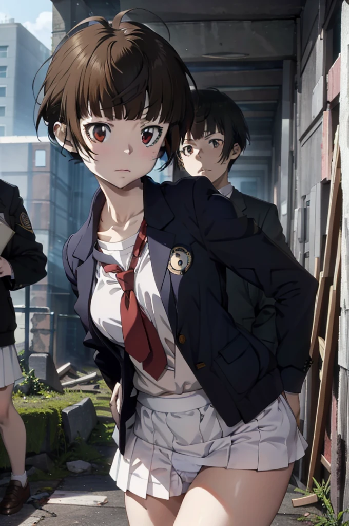 masterpiece,akane tsunemori, Navy blue tight skirt, Navy blue jacket, White shirt, tie, Pushed to the floor of the ruins, ((Lift-up skirt)), (white panties), Anime Key,