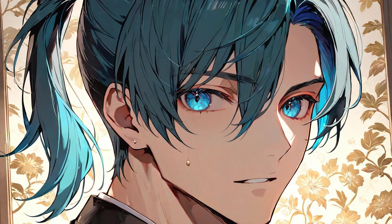 ((((best masterpiece, best quality, wallpaper,)))) solo, guy, male body, small muscles, flat chest, 1male, 30 years old, handsome man, dramatic angle, upper body, looking at viewers, beautiful detailed, mediumturquoise hair, ((((Lower short ponytail)))), asymmetrical bangs, ((short hair,)) blush stickers, sweat, (((perfect face, extremely detailed eyes,))) ((( jitome, gold eyes, ^o^, tareme, droopy eyes,))) perfect hands, sharp nose, clear face, black turtleneck, grey cardigan, ((silver piercing, pendant,)) leggings, pink background color ultrasharp, 8K, masterpiece,