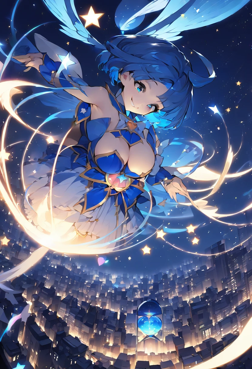 (Top quality illustrations:1.2), (pretty girl:1.1), (1 girl、), (1 girl、smile)、Bright blue hair、Short Bob Hair、Beautiful breasts、Blue haired magical girl、Flying through the night sky with magic, Looking down on the city from the sky、The blue hourglass is also flying、Blue night view