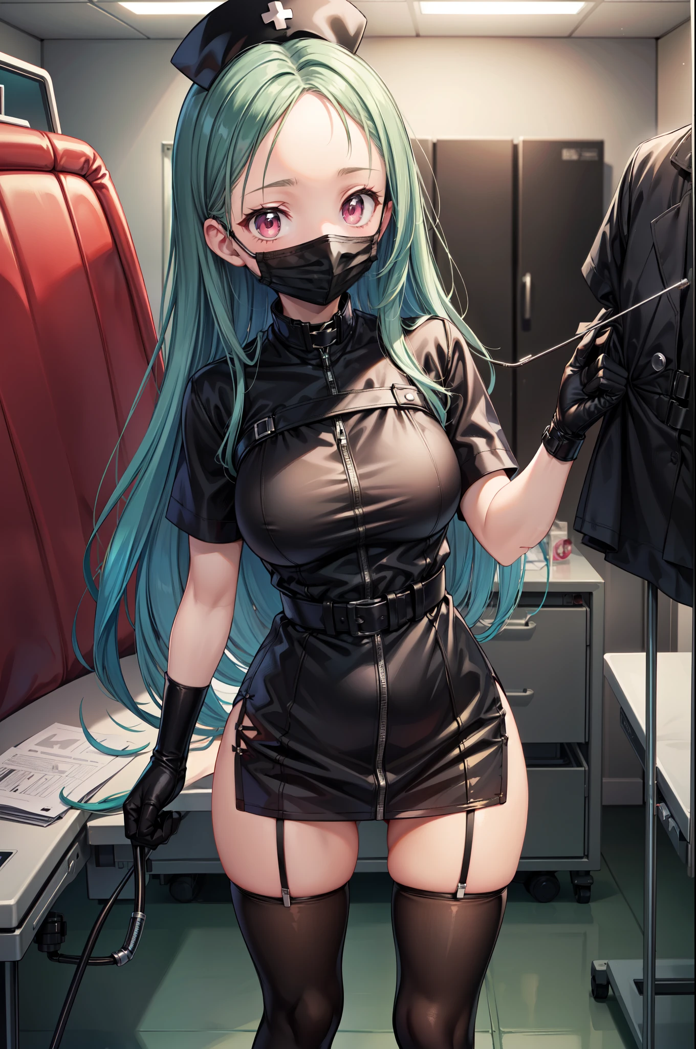 black nurse, 1woman, solo, black nurse cap, black nurse uniform, ((black legwear, zettai ryouiki)), black elbow gloves, forehead, long hair, green hair, pink eyes, ((black surgical mask, covered nose)), standing, ((surgery room)), sharp outline, short sleeves, mature female, 35 years old, best quality, masterpiece