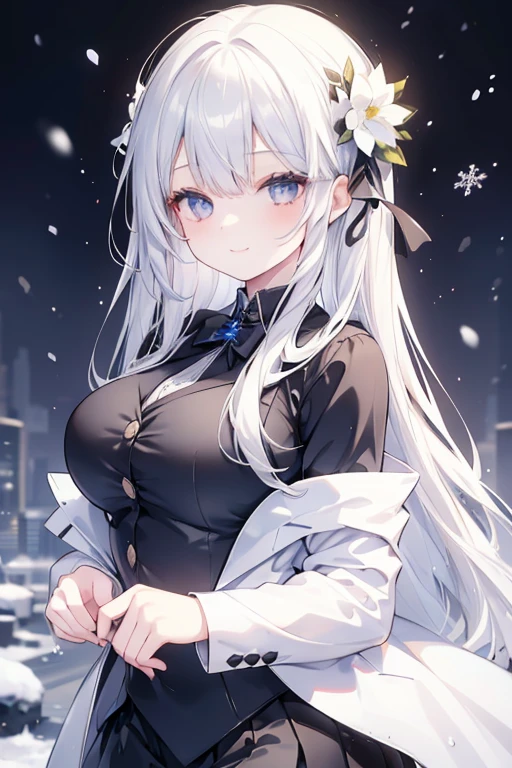 young girl, blue hair, silver eyes,beautiful and detailed eyes, big breasts, long hair, happy smile, black shirt,white blazer, black mini skirt, (snow scene, snow flowers)