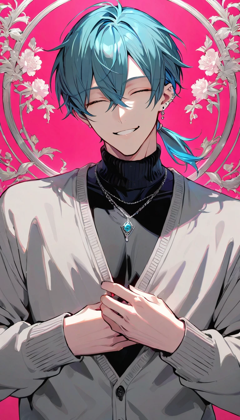 ((((best masterpiece, best quality, wallpaper,)))) solo, guy, male body, small muscles, flat chest, 1male, 30 years old, handsome man, upper body, looking at viewers, beautiful detailed, seductive smile, mediumturquoise hair, ((((Lower short ponytail)))), asymmetrical bangs, ((short hair,)) (((light smile, closed eyes, tareme, droopy eyes,))) (((perfect face,))) perfect hands, sharp nose, clear face, black turtleneck, grey cardigan, ((silver piercing, pendant,)) leggings, pink background color ultrasharp, 8K, masterpiece,