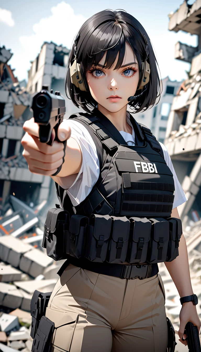 (masterpiece,Highest quality,Ultra-high resolution),One Woman,Japanese,Black Hair,Short Bob,(((Beautiful Eyes,Beautiful Hair,Beautiful Skin,Beautiful Face))),Serious,whole body,(((pointing pistol:1.3))),Pistol,FBI,shirt,Black bulletproof vest,Combat Boots,Black Tactical Forster,Tactical Headset,(The background is the rubble of ruins),(((Background Blur)))
