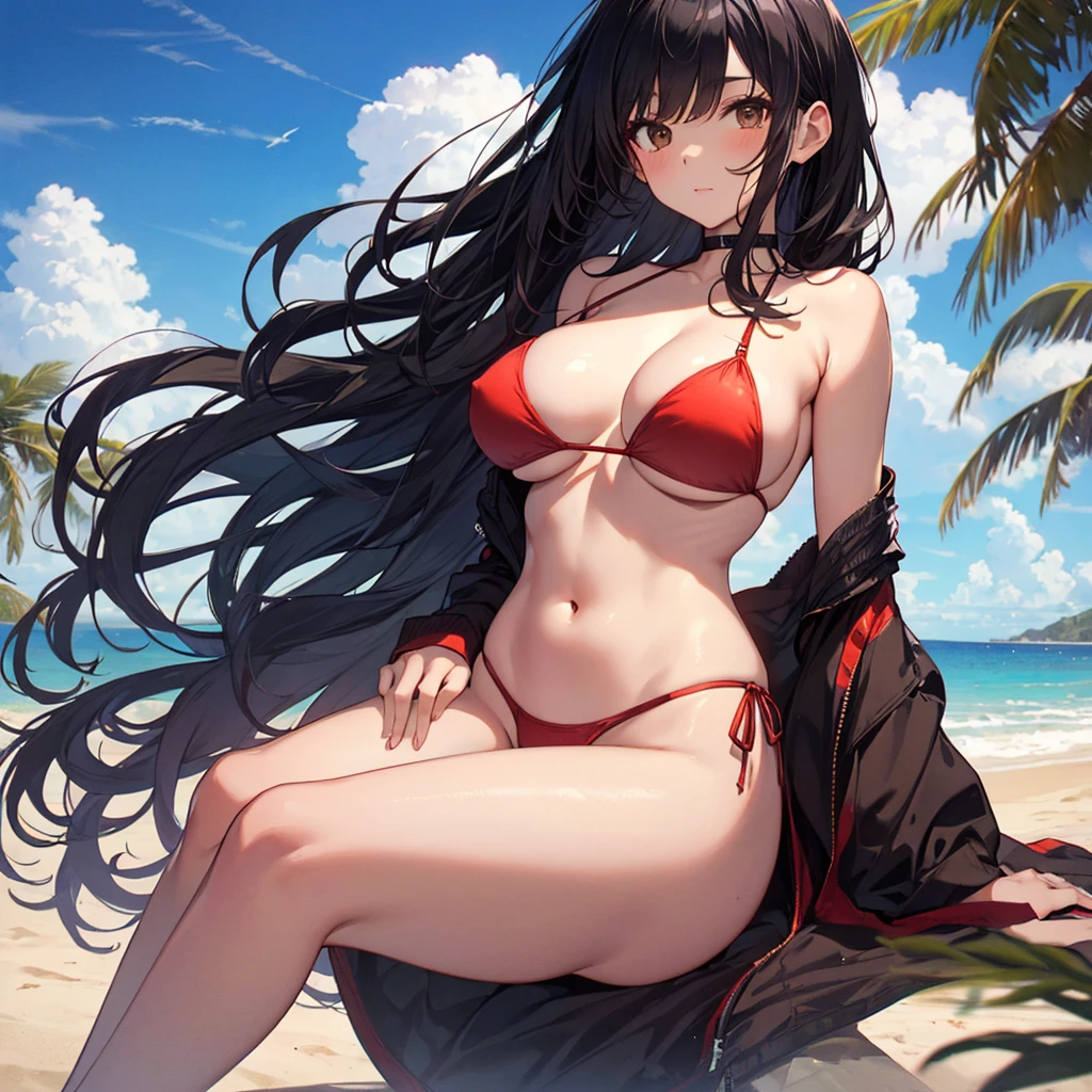 NSFW, (((Uncensored))), (((Clear picture))). high image quality, high resolution, 18 year old beautiful girl、shiny black hair、Hime cut、Brown eyes, dark eyebrows, J-cup huge breasts、172cm tall、tightened waist,、red bikini, sexy pose, Sandy Beach、Blue sky