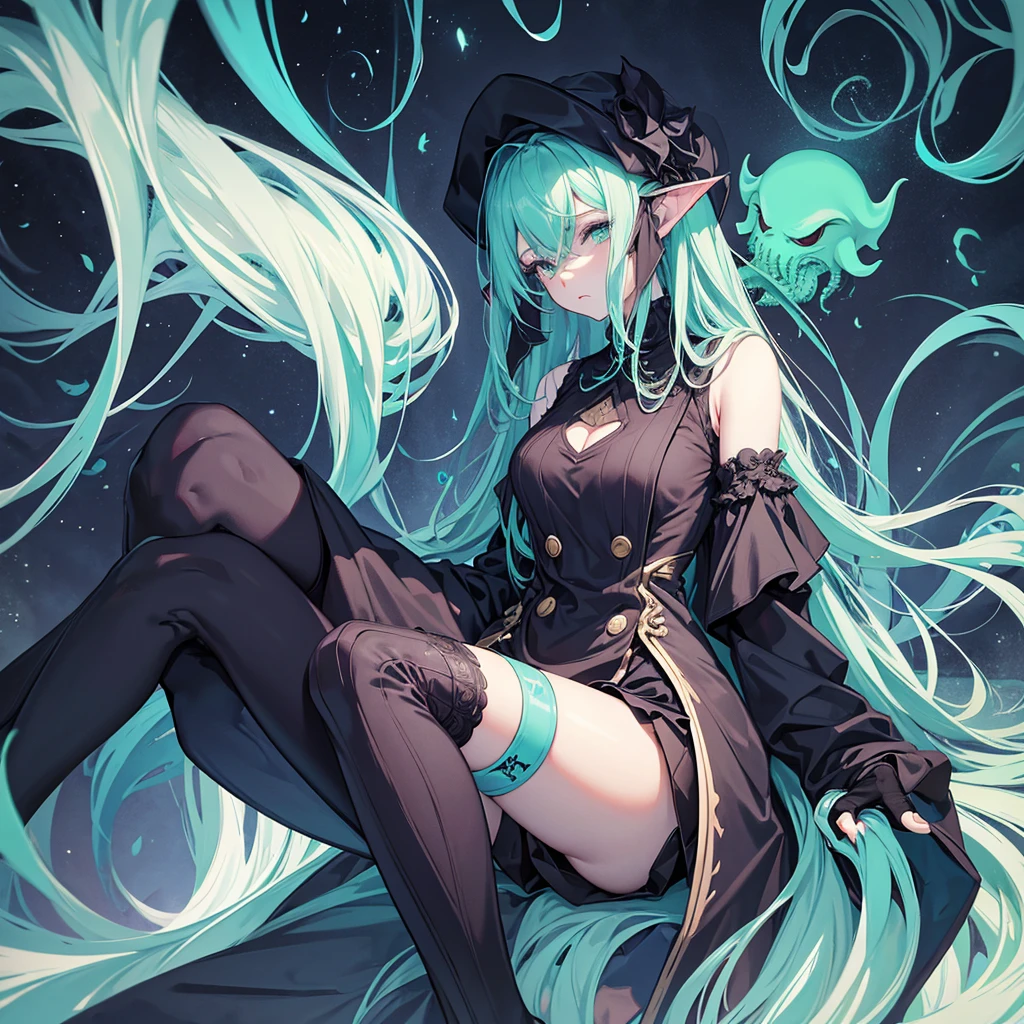 1 tall Cthulhu woman. tall. Long hair. sleepy. Inverted color scheme. busty. knee high socks. Cthulhu tentacles. Pillow. ((Best Quality)) (High Definition) relaxed disinterested look on her face.