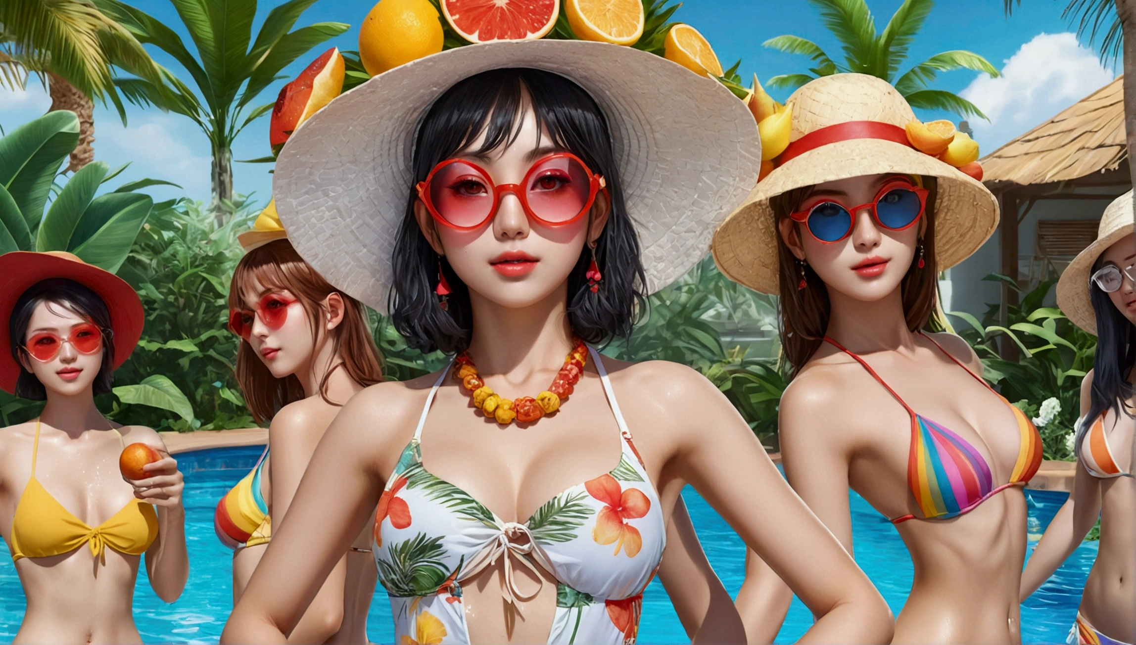Beautiful girls wearing bikinis at a pool party, detailed face, full body shot, detailed eyes, detailed lips, wet skin, splashing water, tropical plants, palm tree, flower fruit hat, the sun shines, vivid colors, Amazing 4K, realistic, very detailed, top quality, , klee\(Genshin Impact\), yellow hat, circular transparent goggles, pointy ears, red eyes, rainbow dress, large billboard, Dalmatian, Gulliver's Travels, giant, large billboard world, beach, palm tree, play Appliances, food trucks