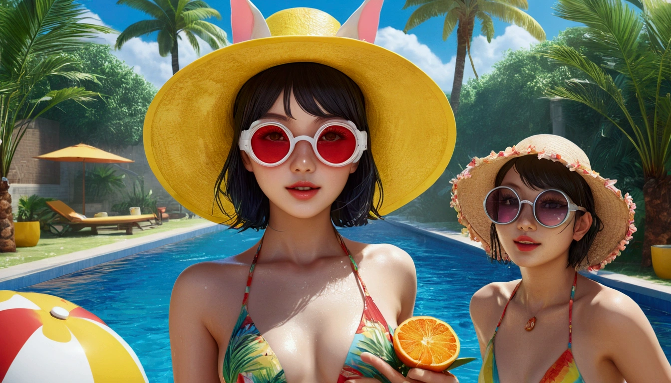 Beautiful girls wearing bikinis at a pool party, detailed face, full body shot, detailed eyes, detailed lips, wet skin, splashing water, tropical plants, palm tree, flower fruit hat, the sun shines, vivid colors, Amazing 4K, realistic, very detailed, top quality, , klee\(Genshin Impact\), yellow hat, circular transparent goggles, pointy ears, red eyes, rainbow dress, large billboard, Dalmatian, Gulliver's Travels, giant, large billboard world, beach, palm tree, play Appliances, food trucks