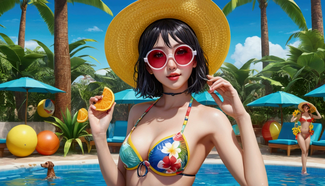 Beautiful girls wearing bikinis at a pool party, detailed face, full body shot, detailed eyes, detailed lips, wet skin, splashing water, tropical plants, palm tree, flower fruit hat, the sun shines, vivid colors, Amazing 4K, realistic, very detailed, top quality, , klee\(Genshin Impact\), yellow hat, circular transparent goggles, pointy ears, red eyes, rainbow dress, large billboard, Dalmatian, Gulliver's Travels, giant, large billboard world, beach, palm tree, play Appliances, food trucks