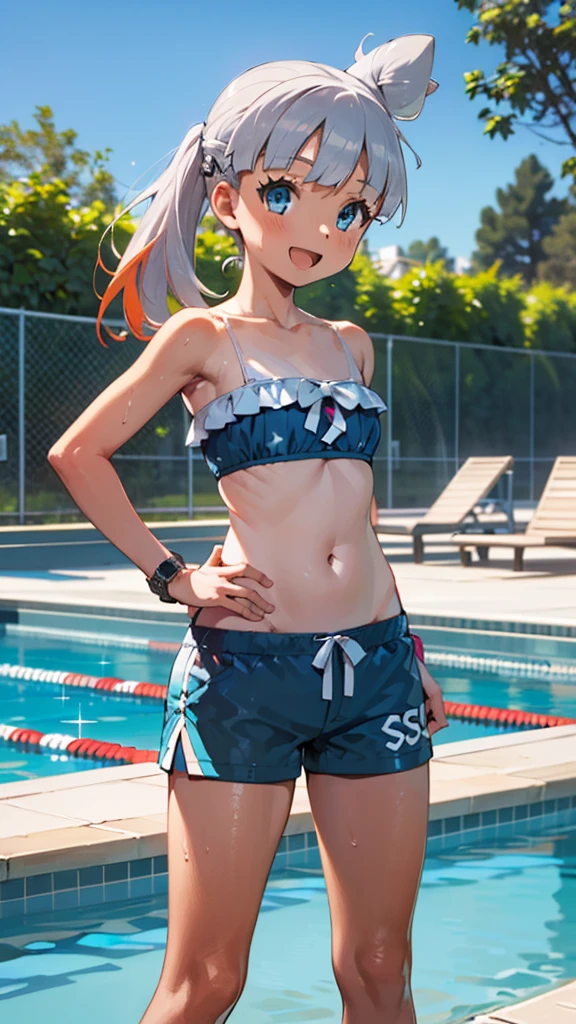 1 girl, masterpiece, best quality, highres, ro1, Misty from pokemon, hair bun, blue eyes, bikini top, blue bicycle shorts, small ponytail on the side, wristwatch, standing, hand on hip, smile, open mouth, (sparkle:1.1), orange hair, medium breasts, 3/4 body view, outdoors, swimming pool