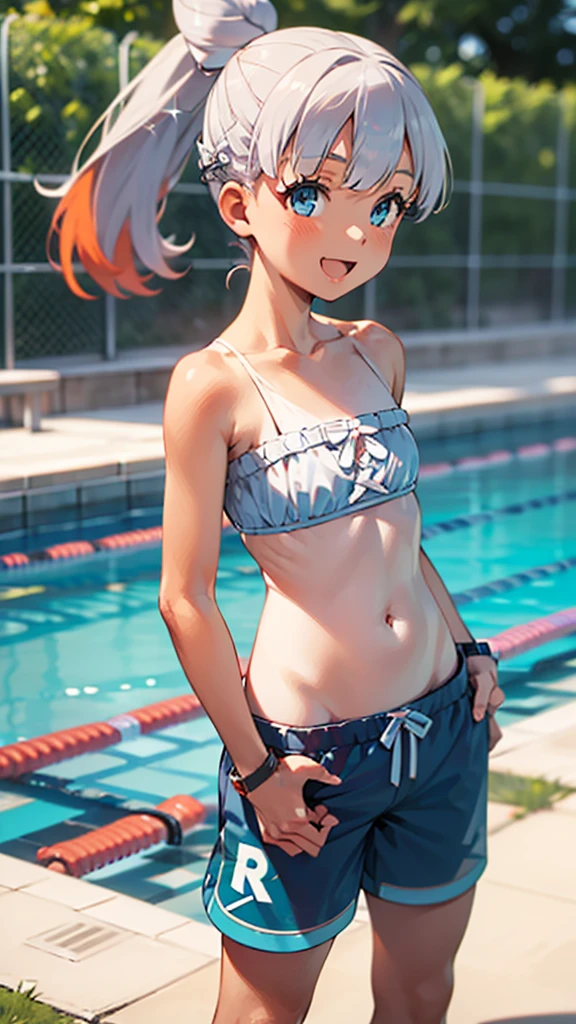 1 girl, masterpiece, best quality, highres, ro1, Misty from pokemon, hair bun, blue eyes, bikini top, blue bicycle shorts, small ponytail on the side, wristwatch, standing, hand on hip, smile, open mouth, (sparkle:1.1), orange hair, medium breasts, 3/4 body view, outdoors, swimming pool