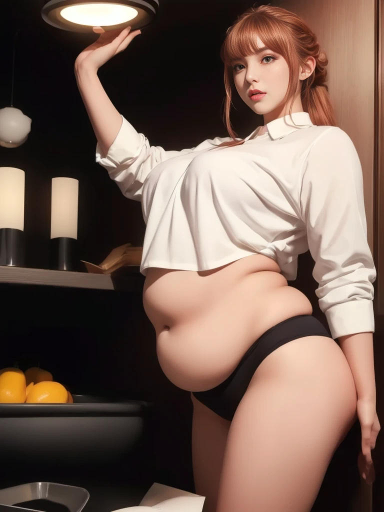 il y a une femme en chemise blanche et culotte noire qui pose, she has a round and big belly, thick, bbwchan, her belly is big and round, sultry body with sexy belly, attractive plus size model, her navel is exposed, hyperrealistic complete figure, corps thick, large stomach, curved model