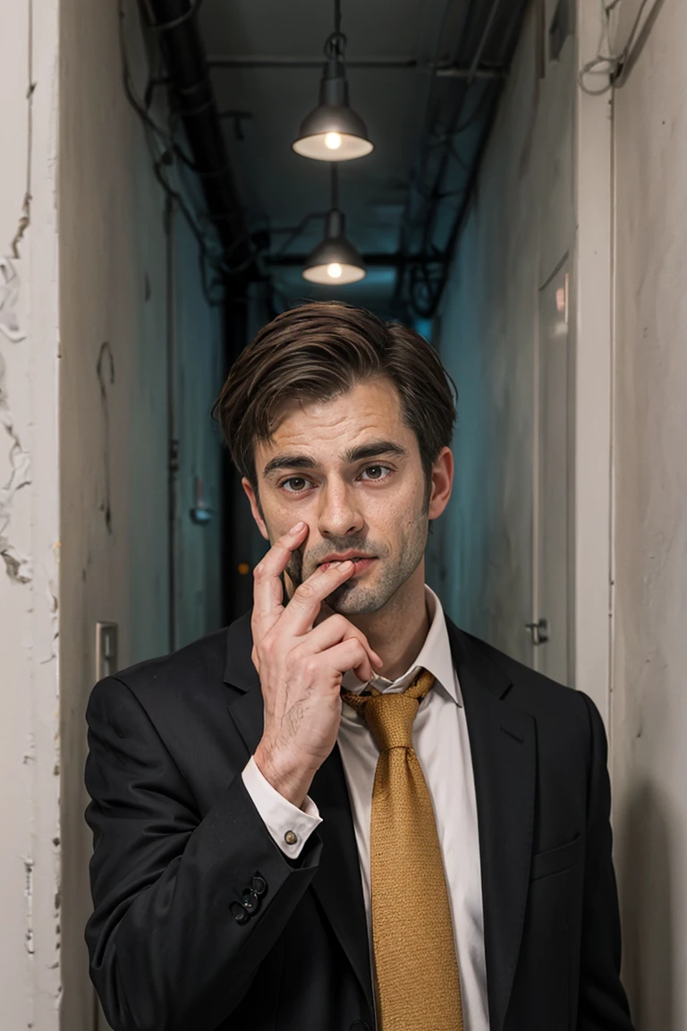 Create an image of a caucasian man standing in an indoor setting with warm lighting. The man is wearing a black suit with a white shirt, loosen black tie. The hairstyle is short and dark, styled neatly. The location appears to be a corridor with wooden doors and beige walls, suggesting an office or hotel environment. The lighting is soft and diffused, coming from overhead sources, casting gentle shadows around the person. The pose is casual yet confident; one hand is holding a smoking cigarette and raised to the chin in a thoughtful gesture. The camera angle is at eye level, capturing the upper body of the person in a medium close-up shot.