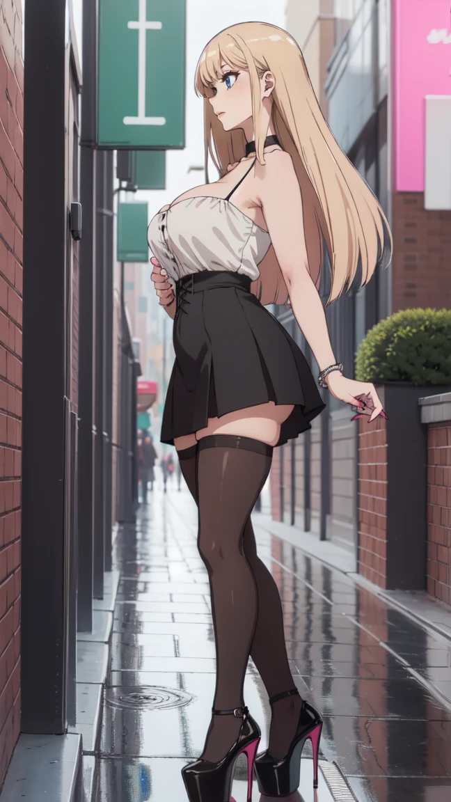 ((masterpiece, high resolution, better quality, better details)), ((Marin Kitagawa)), ((Smiling)), ((one girl)) a girl modeling standing in the city, mini skirt, blouse, ((big neckline)), ((platform high heels)), pink eyes with black outline, (light blonde hair, straight hair, straight bangs, long hair)), long nails, pink nails, (((curvy body))), shiny skin, ((side view)), solo, bare shoulders, full body, focus full body, high heels, ((black stockings)),