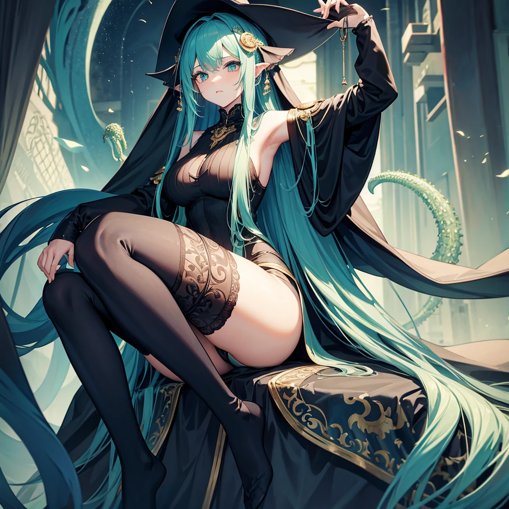 1 tall Cthulhu woman. tall. Long hair. sleepy. Inverted color scheme. busty. knee high socks. Cthulhu tentacles. Pillow. ((Best Quality)) (High Definition) relaxed disinterested look on her face.