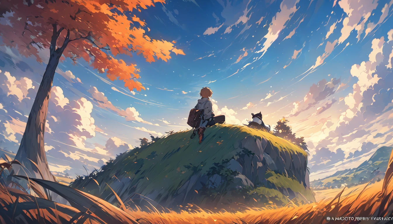 Boy sitting on a cloudy autumn meadow, Look at the vast sky, Tall Grass, Cloudy, Makoto Shinkai Cyril Rolland, anime art wallpaper 4k, anime art wallpaper 4k, Animated backgrounds, Anime art wallpaper 8k, Animated backgrounds art, Anime scenery wallpapers, Awesome Wallpapers, High-resolution wallpapers, 4k anime wallpaper, 4k anime wallpaper, Aries Moros art,art：Bob Byerly , Ashley Wood art AI, Greg Rutkowski