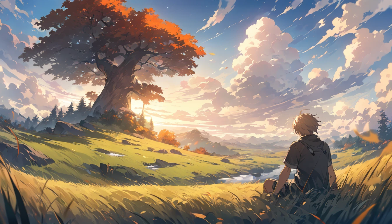 Boy sitting on a cloudy autumn meadow, Look at the vast sky, Tall Grass, Cloudy, Makoto Shinkai Cyril Rolland, anime art wallpaper 4k, anime art wallpaper 4k, Animated backgrounds, Anime art wallpaper 8k, Animated backgrounds art, Anime scenery wallpapers, Awesome Wallpapers, High-resolution wallpapers, 4k anime wallpaper, 4k anime wallpaper, Aries Moros art,art:Bob Byerly , Ashley Wood art AI, Greg Rutkowski