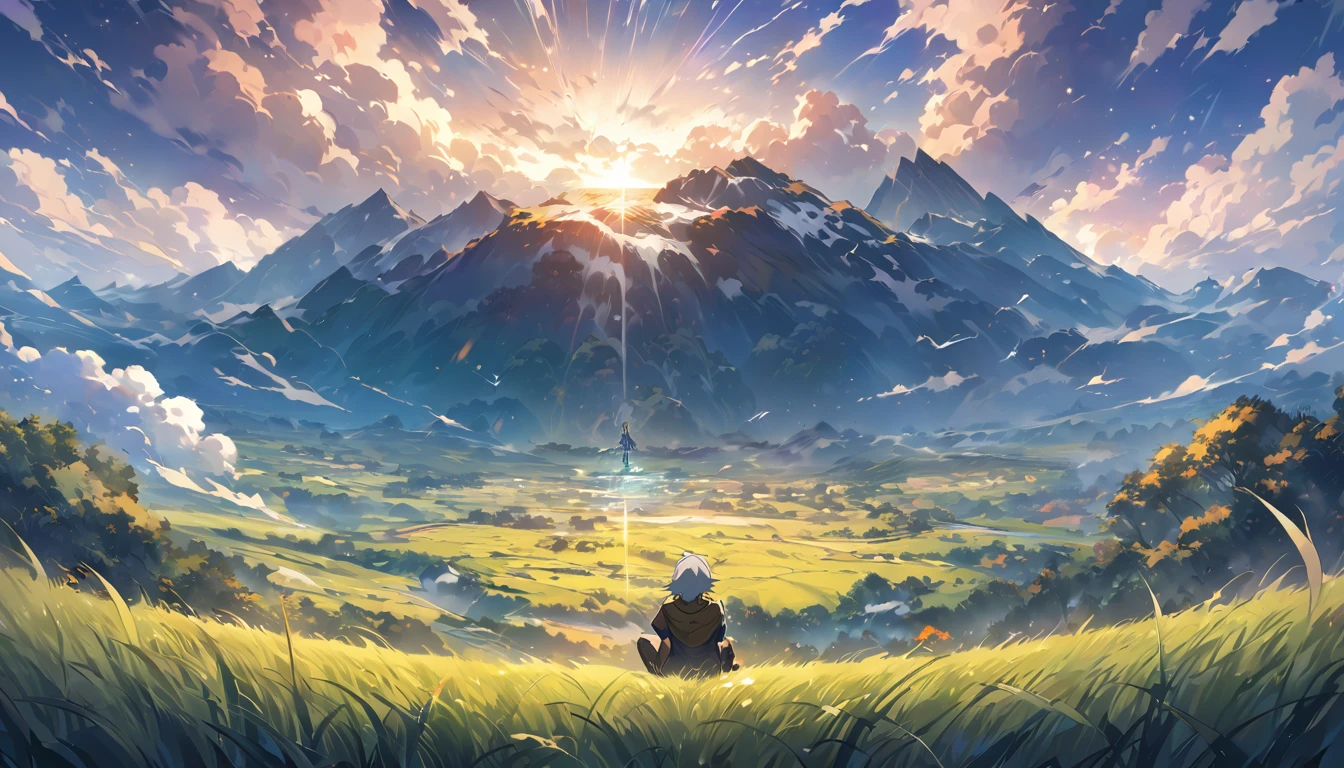 Boy sitting on a cloudy autumn meadow, Look at the vast sky, Tall Grass, Cloudy, Makoto Shinkai Cyril Rolland, anime art wallpaper 4k, anime art wallpaper 4k, Animated backgrounds, Anime art wallpaper 8k, Animated backgrounds art, Anime scenery wallpapers, Awesome Wallpapers, High-resolution wallpapers, 4k anime wallpaper, 4k anime wallpaper, Aries Moros art,art:Bob Byerly , Ashley Wood art AI, Greg Rutkowski