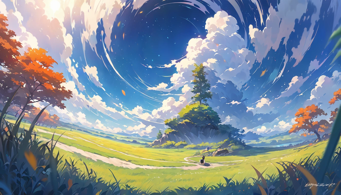 Boy sitting on a cloudy autumn meadow, Look at the vast sky, Tall Grass, Cloudy, Makoto Shinkai Cyril Rolland, anime art wallpaper 4k, anime art wallpaper 4k, Animated backgrounds, Anime art wallpaper 8k, Animated backgrounds art, Anime scenery wallpapers, Awesome Wallpapers, High-resolution wallpapers, 4k anime wallpaper, 4k anime wallpaper, Aries Moros art,art:Bob Byerly , Ashley Wood art AI, Greg Rutkowski