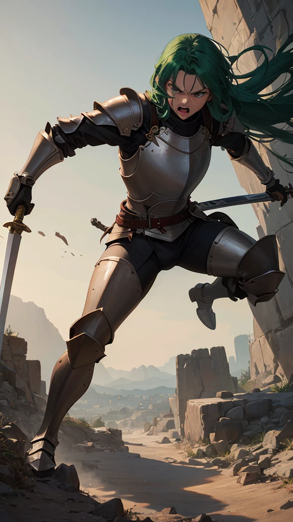 (masterpiece, 4K ,Super detailed:1.2), (anime:1), (Perfect quality), (anger), The whole body is shown, View Viewer, Holding a longsword, Adult women, Knight Commander, Full Body Art, Green Hair, Knight&#39;s full plate decorated armor, Silver Cape, Perfect detail
