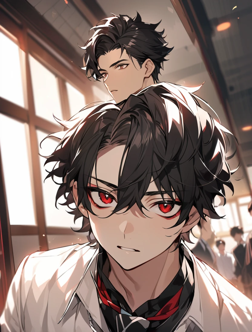 (black_hair), (short_hair), (deep_red_eyes), (Handsome), (Attractive), (male), (unique_white_and_black_highschool_uniform), (detailed_Hair), (detailed_mouth), (ager), (dark_under_eyes), (gem_like_eyes), (japanese)